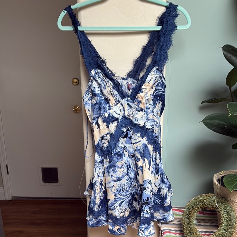 Urban Outfitters Blue and White Mini Dress with Lace Trim